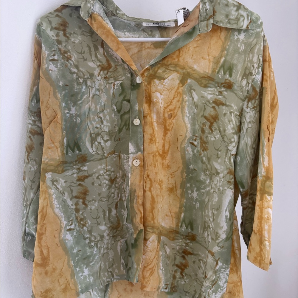 Green and Yellow Button-Up Blouse